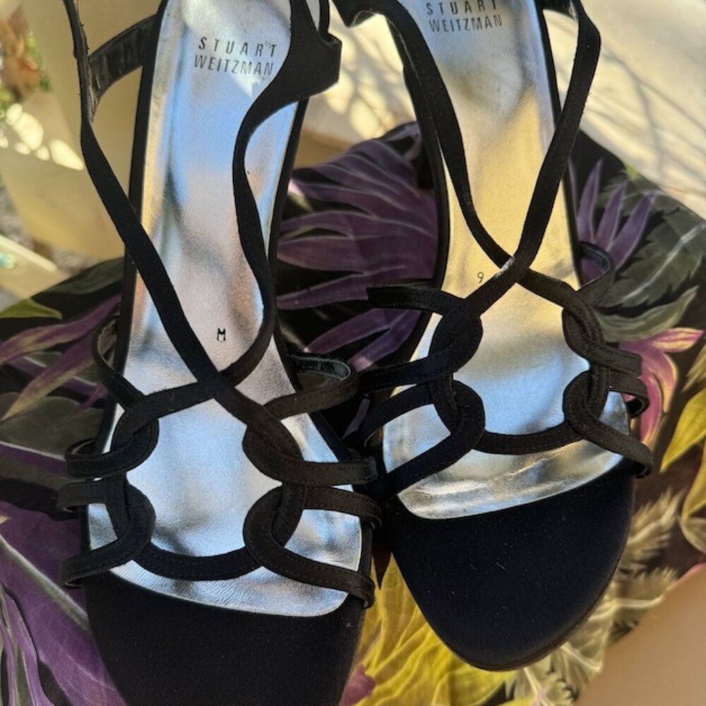 NEW Stuart Weitzman Black Satin Strappy Sandals 9M